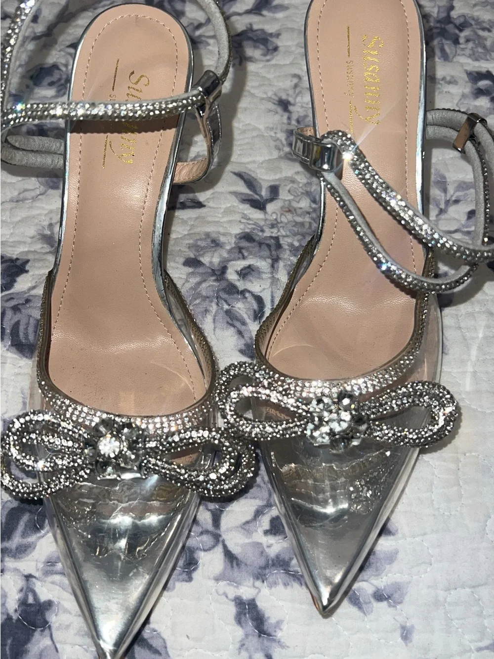 Silver Crystal Embellished Pointed Toe Heels